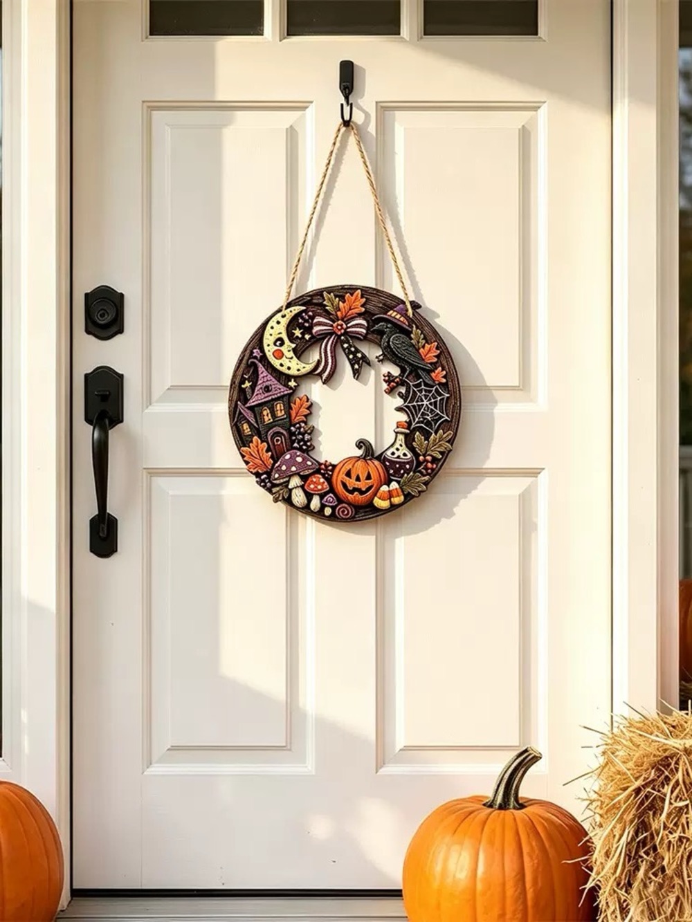 Halloween Pumpkin & Leaf Decorative Wreath - Orange, Brown, Black